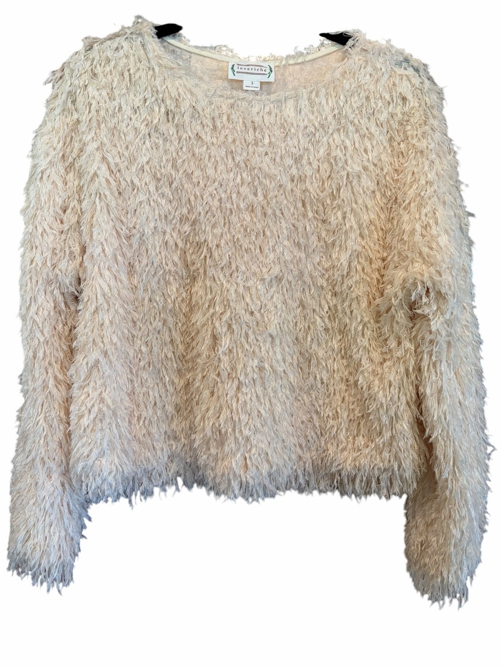 Love Riche Cream Fuzzy Crew Neck Feather Sweater - Picture 2 of 8